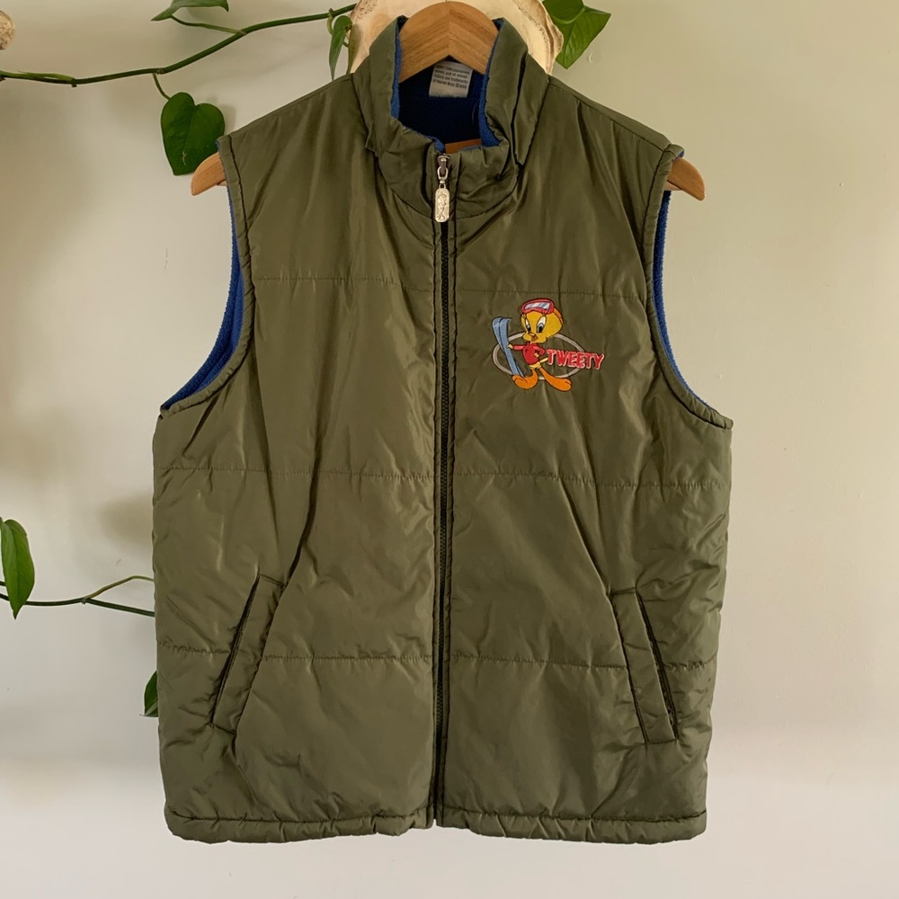 Vintage Looney Tunes Tweety Olive Green Puffer Vest